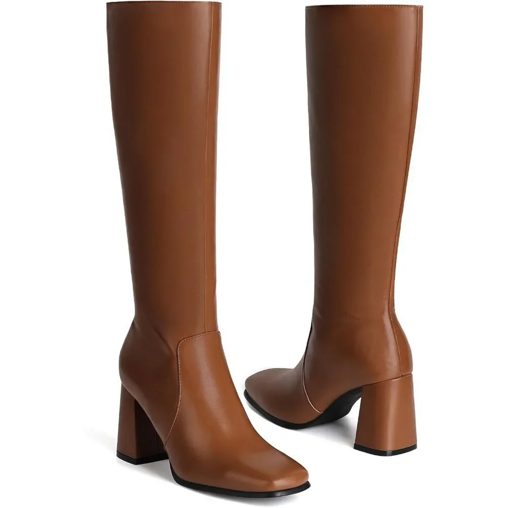 Women's Light Brown 3.35-inch Square Toe Knee High Boots Chunky Block Heel Tall